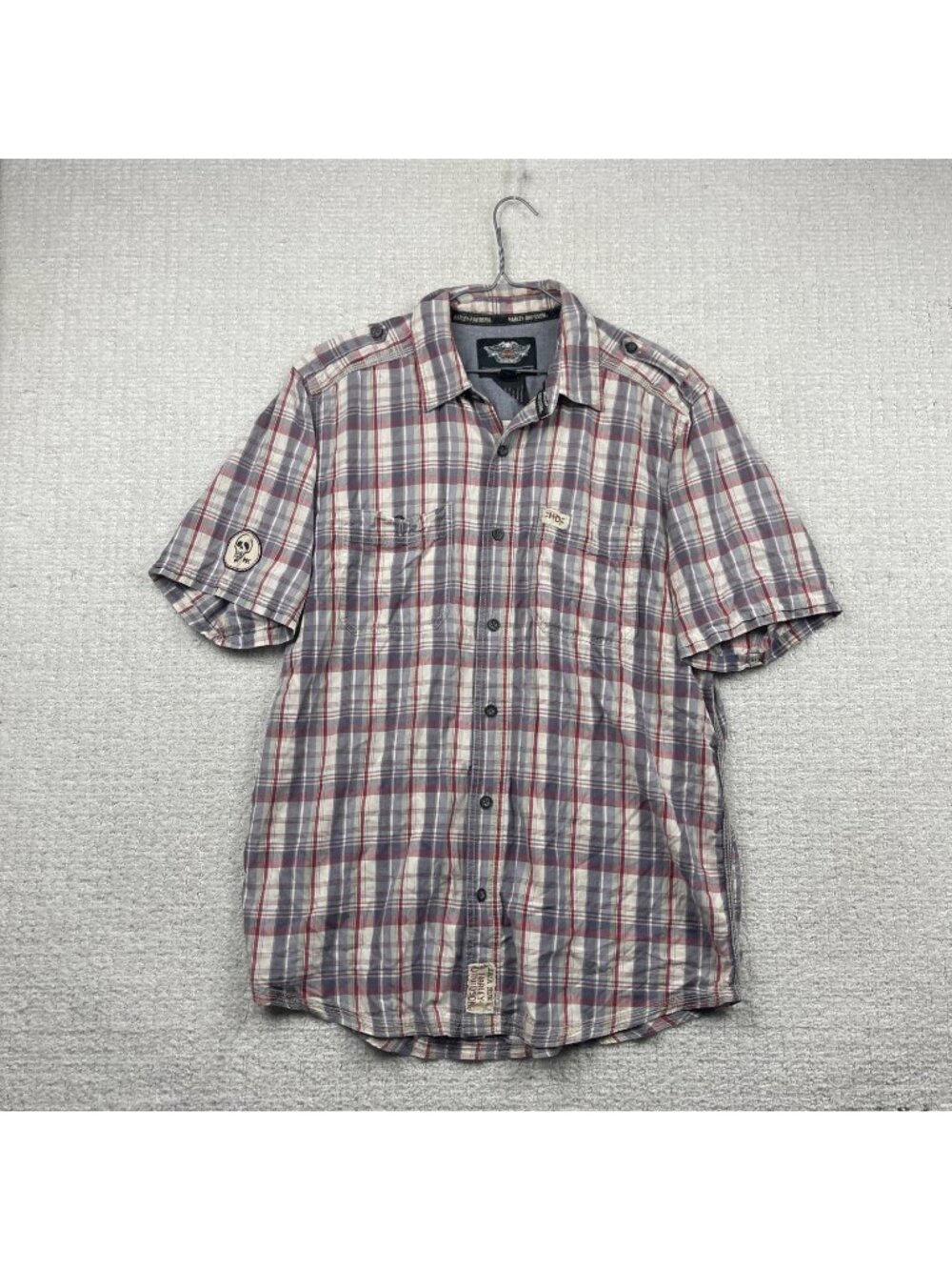 Y2K Harley-Davidson Button Down Mens L Plaid Short Sleeve Moto Shirt Skull Patch